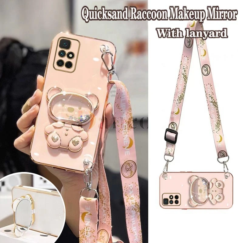 

Quicksand Raccoon Makeup Mirror Lanyard Plating Phone Holder Case For Xiaomi Redmi 10 10A 12C 9 10C 9T 9A A1 9C 8 8A A1 Cover