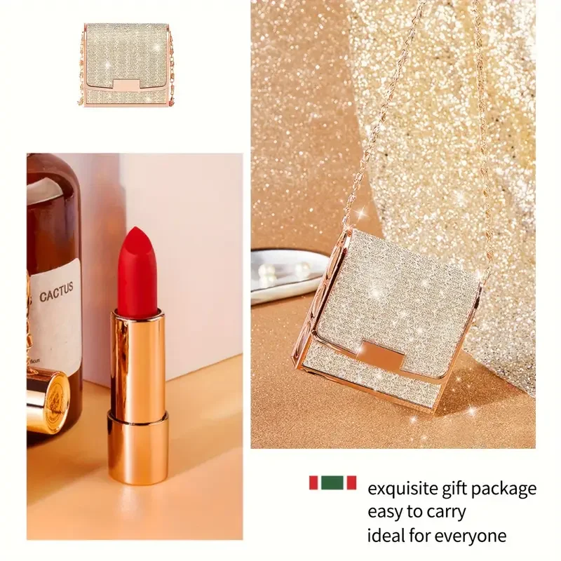 Velvet Lipstick 3pcs with Chain Bag Gift Waterproof Non-Stick Long-Lasting Rotating Makeup Set Valentine's Day Gift
