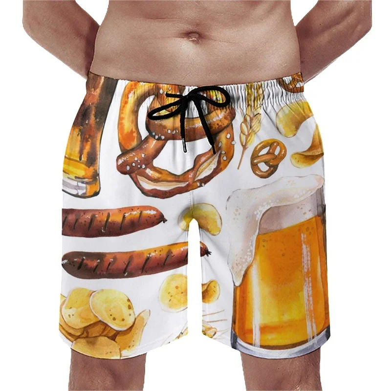 Beer Pattern Beach Shorts For Men Hawaiian Summer Holiday Casual Shorts Street 3d Printed Beer Festival Surfing Board Shorts 3