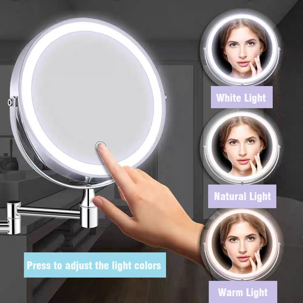 8" Rechargeable wall mounted LED makeup mirror 1X/10X magnification Double Sided Bathroom Mirror 5