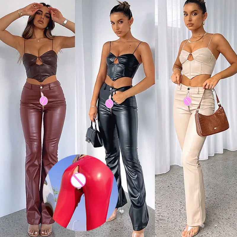 Open Crotch Outdoor Sex PU Pencil Pants Women Sexy Tight Booty Up Skinny Leggings Faux Leather Trousers High Waist Slim Jeggings