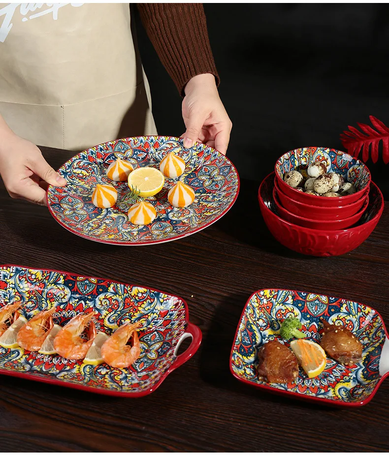 Bohemian style deep red wave ceramic tableware exotic style underglaze color plate handle plate rice bowl tree pattern soup bowl