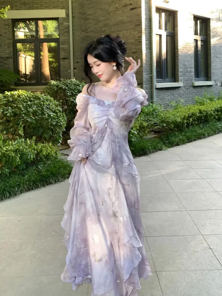 Elegant Off Shoulder Ruffles A-Line Skirt French Print Fairy