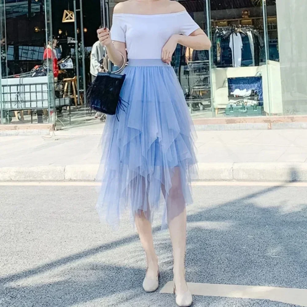 Fashion Summer Tutu Women Skirt Harajuku Tulle Bottom Faldas Casual High Waist Midi Mesh Skirts Woman Clothes Saia 하프 스커트