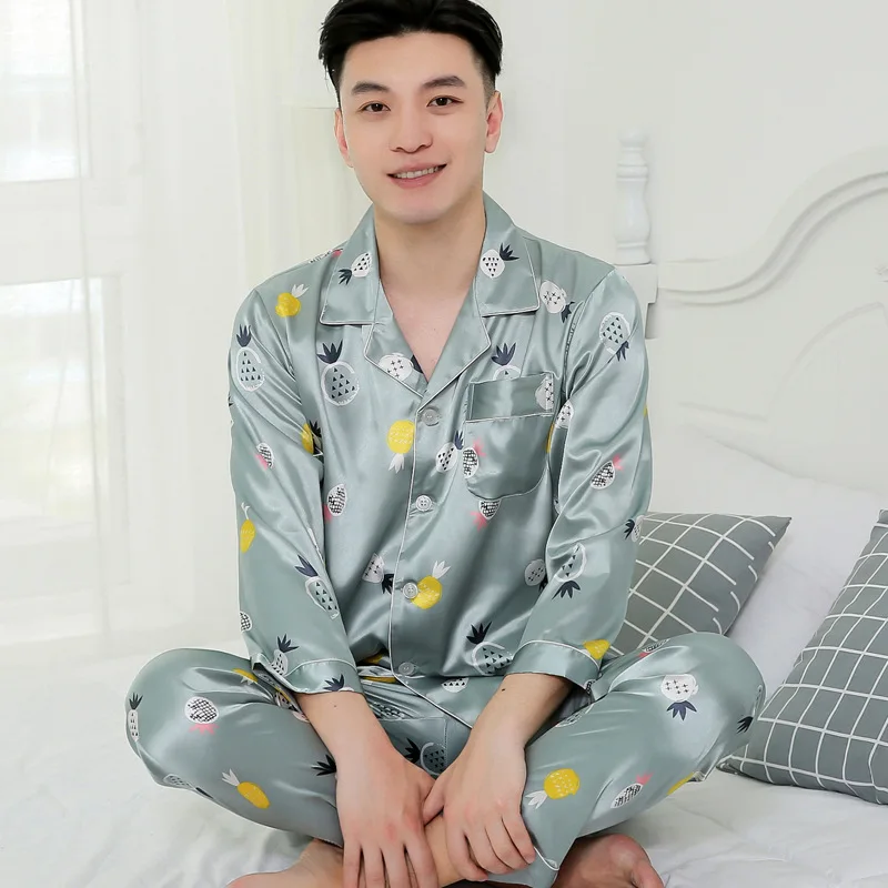 satin pajamas Pajama Set High Quality Silk Pajama for Men Sleep Tops Trousers Two Pieces Long Sleeved Sleepwear Satin Set Plus Size Pyjamas plaid pajama pants Men's Sleep & Lounge