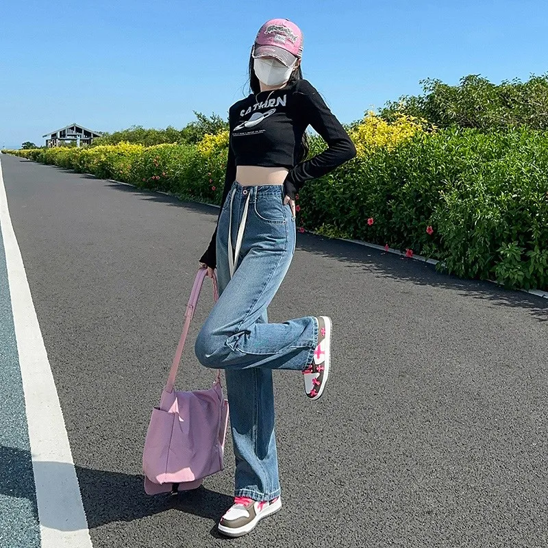 여성용 빈티지 워시 드로스트링 데님 청바지, 하이 웨이스트, 루즈 와이드 레그 드롭 스트레이트 팬츠, 트렌드 롱 팬츠, 확장 브랜드