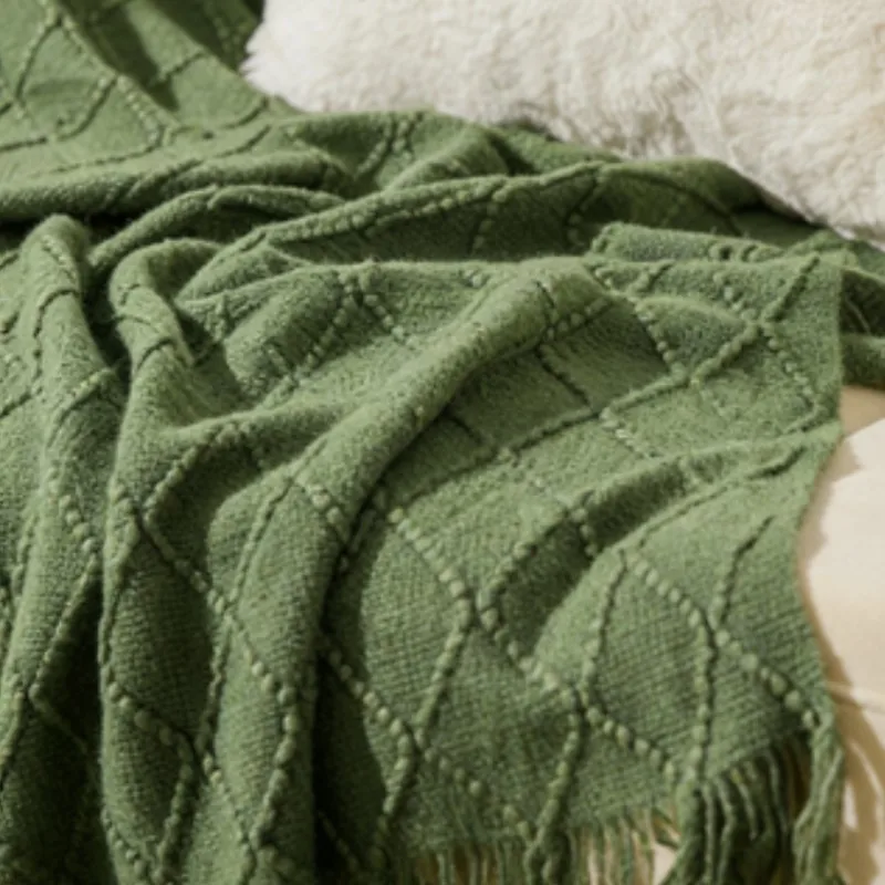Cozy Army Green Knitted Tassel Throw Blanket - Stylish Home Decor & Gift Idea