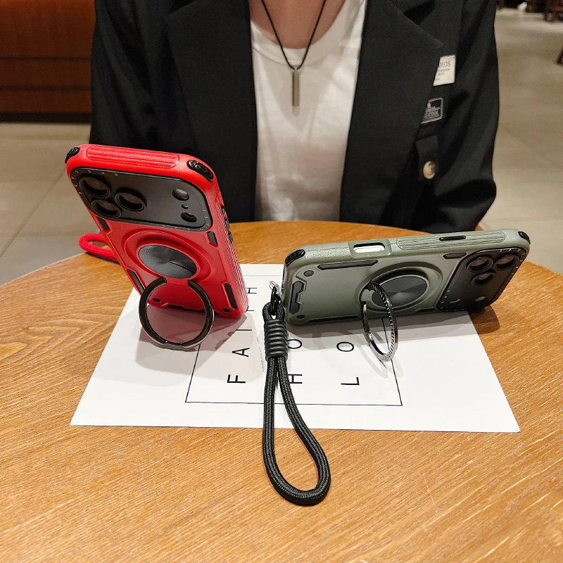 Armored Phone Case with 360° Rotating Metal Bracket and Lanyard - Soft TPU & Hard PC 3-in-1 Design