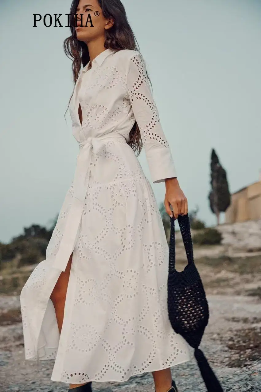 

Sleeve High Waist Lace Up Dresses Fashion Female Solid Vestidos 2023 Elegant Embroidered Women Maxi Dress Chic Lapel Long