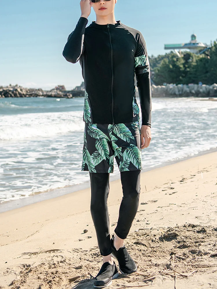 Women Long Sleeve Rash Guard Print Five Pieces Swimsuit Zipper Swimwear with skirt Bathing Suits Surfing Suits Pad Long Pants