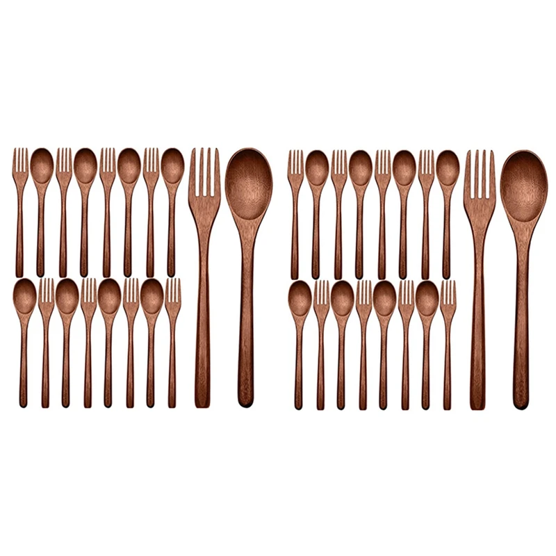 

BEAU-32Pcs Wooden Spoons Forks Set Including Wooden Spoons And Wooden Forks Japanese Wooden Utensil Set Reusable Handmade