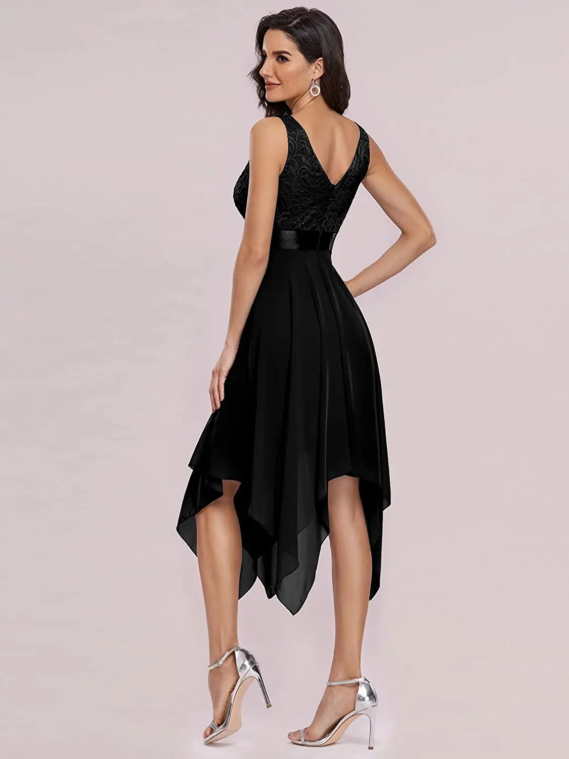 Cocktail Dress Womens Deep V Neck A Line Lace Chiffon Sleeveless Cocktail Dress Floral Lace Lady Party Dress Ribbon Waistline Irregular Design