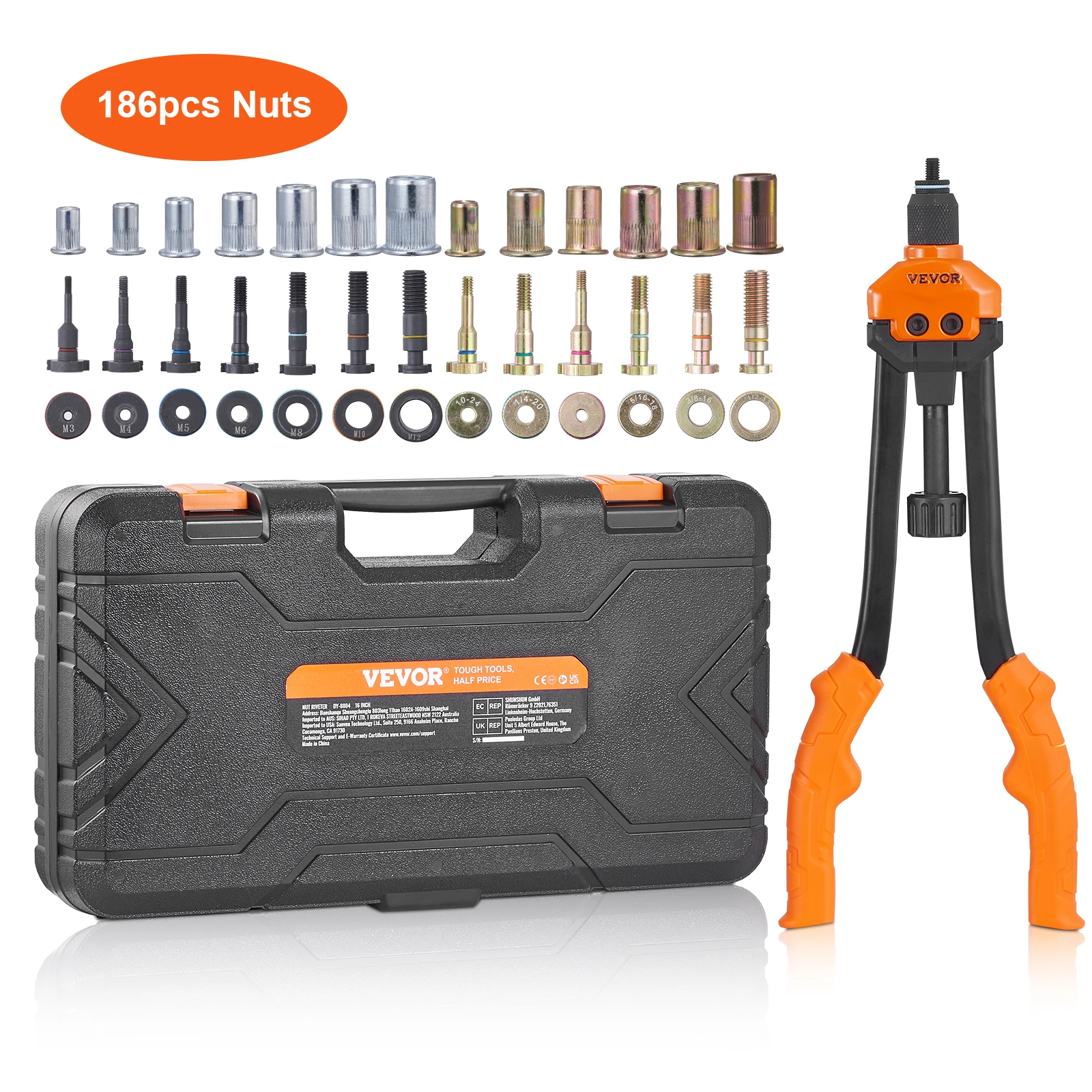 Rivet Nut Tool VEVOR 16" Rivet Nut Tool Labor-Saving Rivnut Tool Kit with 13PCS Metric & SAE Mandrels 186PCS Rivet Nuts With Carrying Case