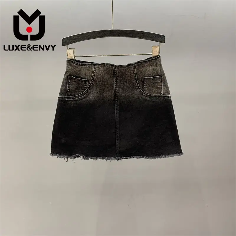 

LUXE&ENVY Gradient Denim Skirt For Women In Summer 2023 High Waist Stretchy Slim Furry Edge, Spicy Girl, Buttocks Wrapped Short