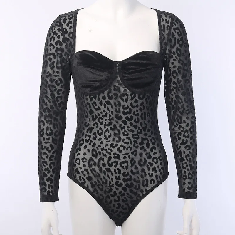 Leopard Pattern Patchwork Long Sleeved Jumpsuit European and American Women Spring Square Neck Mesh Slim Fitting Top