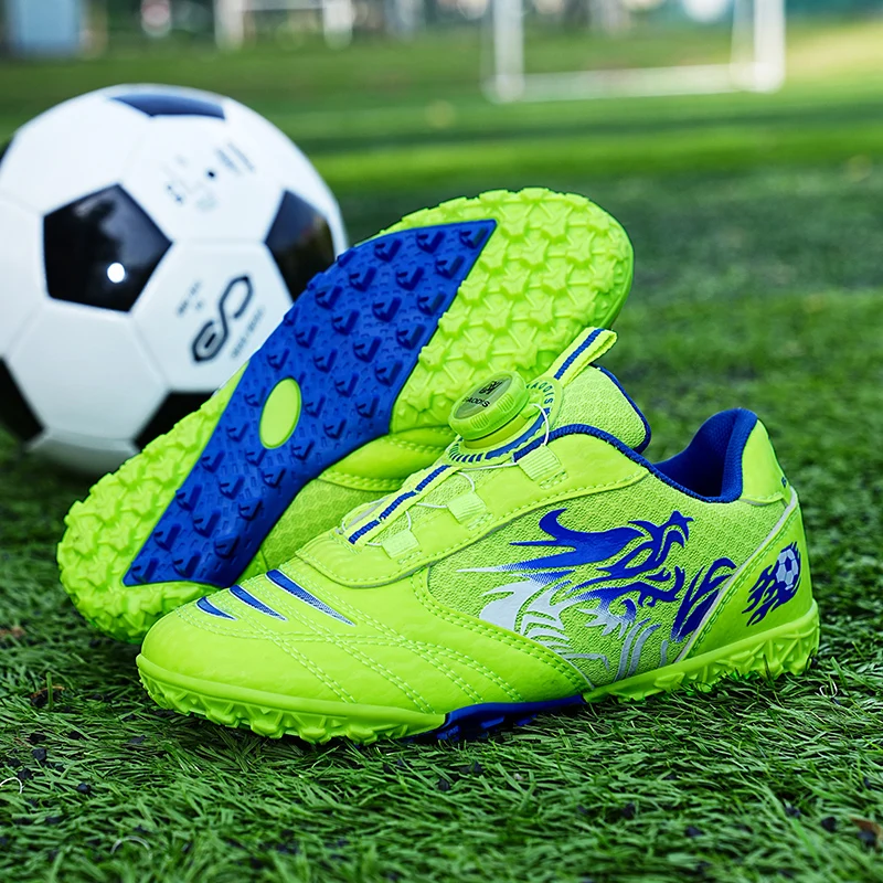 

New Arrival Green Children's Soccer Shoes Convenient Rotate Buttons Training Shoes For Kid Turf Non-Slip Football Sneakers Child