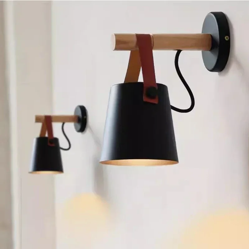 LED Bedside Wall Lamp Nordic Wood Leather Belt Hanging Sconces for Bedroom Study Living Room Modern Home Indoor Decorative Light 4
