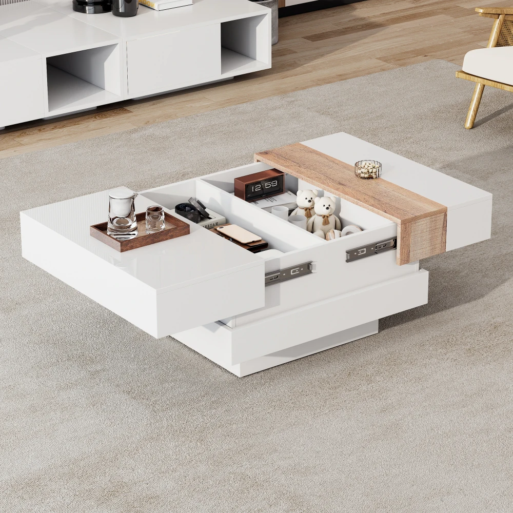 Moderner, hochglänzender, quadratischer Couchtisch, 70 x 70 x 39 cm, ausziehbares Design mit versteckter Stauraum, Farbblock-Wohnzimmer-Beistelltisch – Detail 29