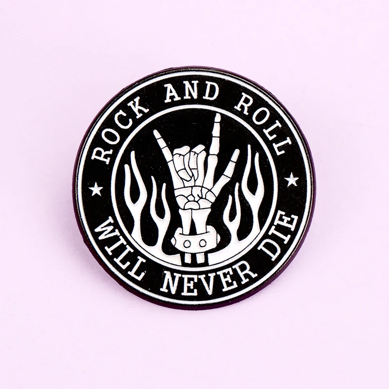 Punk Schädel Hand Geste Buchstaben ROCK UND ROLL WILL NEVER DIE Emaille Metall Brosche Abzeichen Rucksack Kleidung Pin Geschenk für Kinder