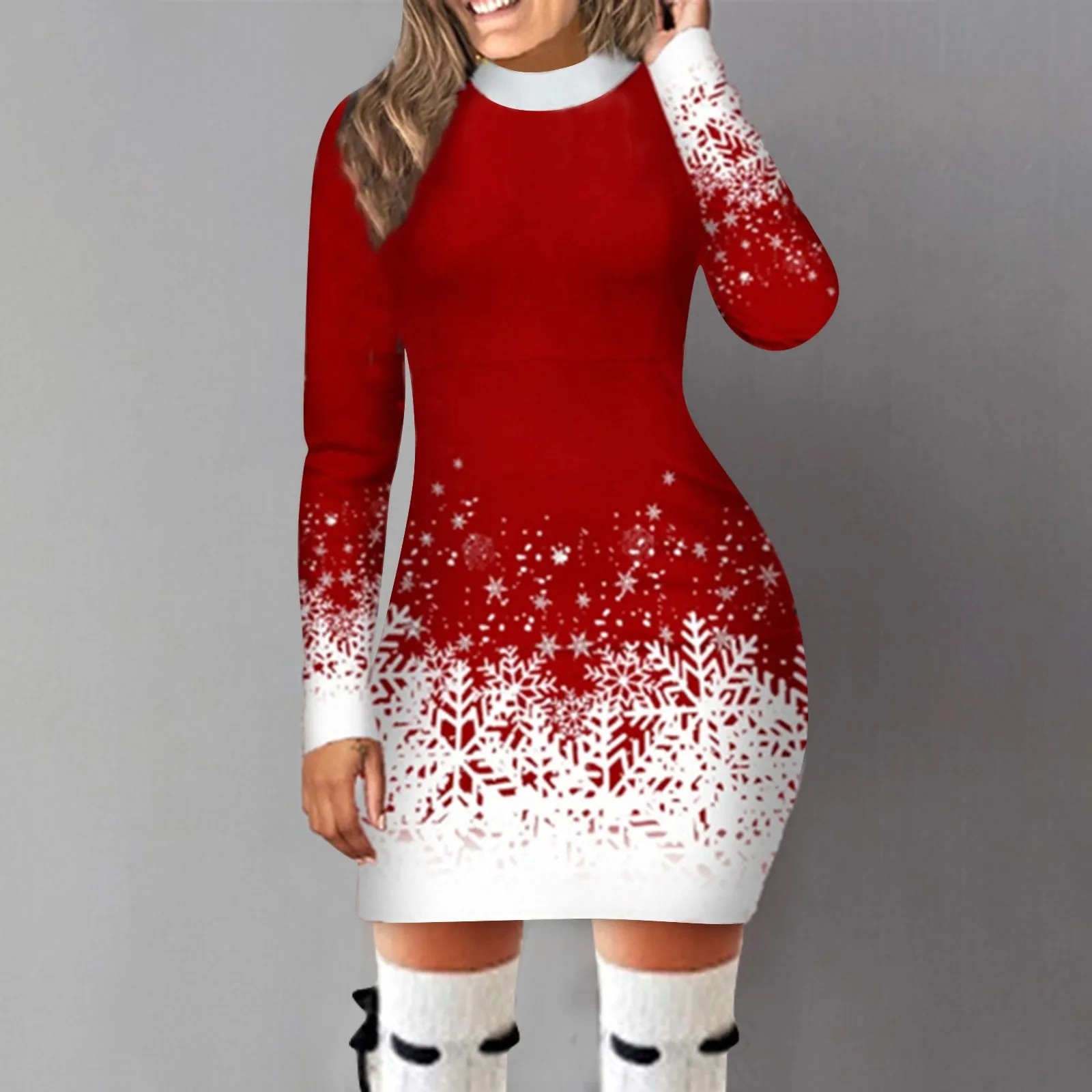 

Christmas Snowflake Printed Dress Women Long-Sleeved Round Neck Bodycon Dress Elegant Sexy Casual Xmas Party Slim Mini Dresses