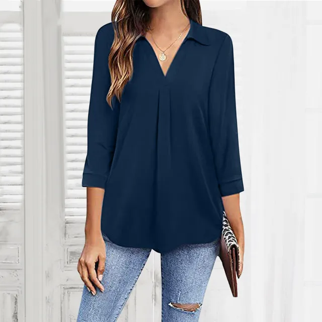 Summer Blouses V Neck Blouse 3/4 Sleeve Tops Tunic Blouse Work Shirts 1