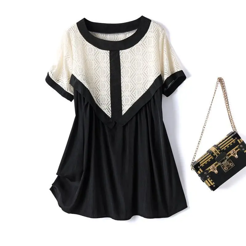 

Lace Splicing Button Women Solid Color Spring Summer Casual Stand Collar Short Sleeve Shirt Female Loose Blouses Feminina A746