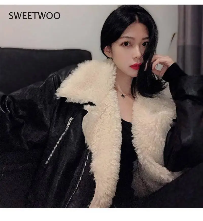 Autumn Winter Temperament Turn Down Collar Coats Zipper with Belt Women Loose Lamb Hair Pu Fur Jacket Contracted Dropshipping
