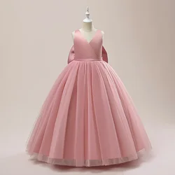 Elegant Girls' White Bridesmaid and Party Dress with Bow Detail - Size 8 (Dark pink)