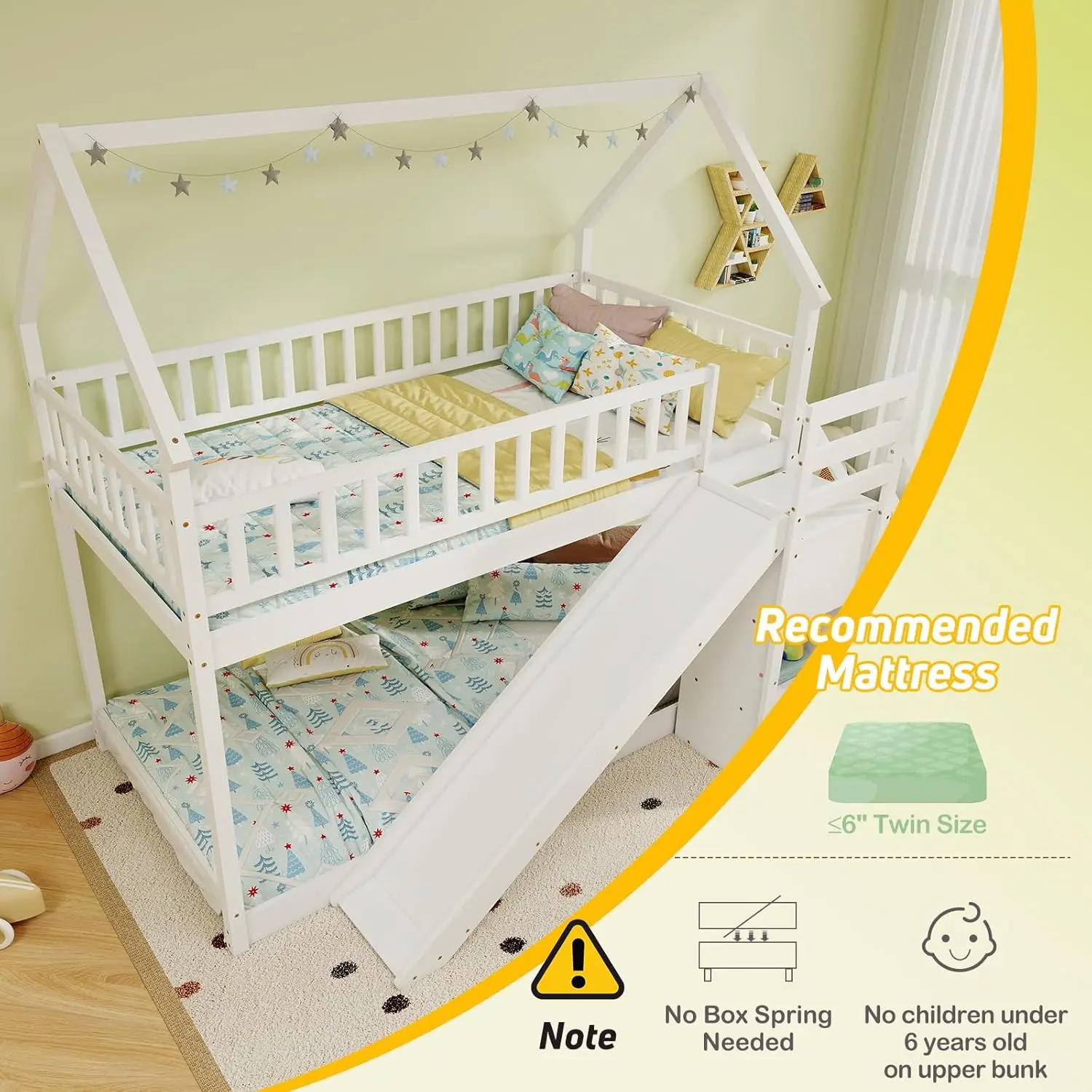 Twin Over Twin Bunk Bed with Slide Stairs Storage Shelves Wood Floor Bed for Kids Teens No Box Spring White, Customized