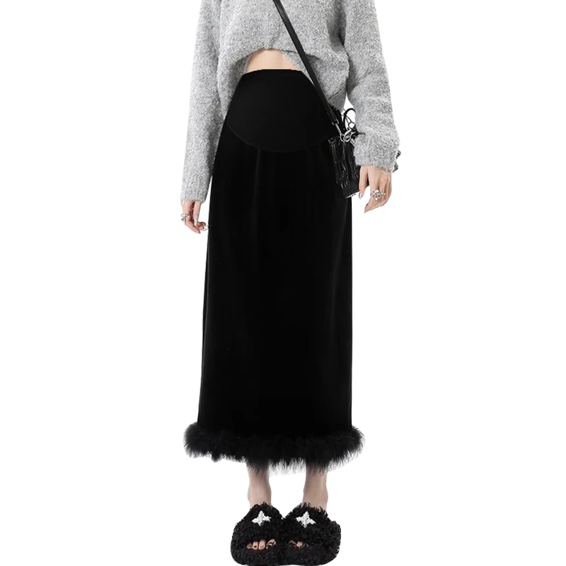 Autumn Winter Maternity Black Skirts Back Split Fur Hem Patchwork Pregnant Woman Straight Skirt Length 90cm