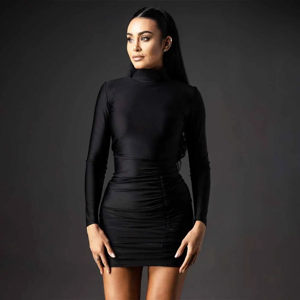 

Black Cocktail Dress Mini High Collar Long Sleeves Women's Cocktail Gowns Short Bodycon Sheath/Column Spandex Evening Party Gown