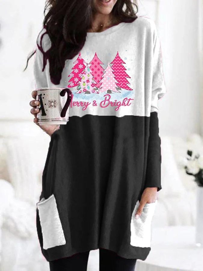 

Autumn Women's 3D Christmas Tree Print Patchwork Color Fashion Harajuku Top Long Sleeve Round Neck Warm Casual Y2K Versatile Top