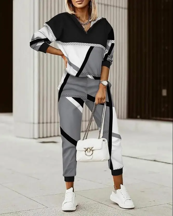 

Geometric Print Long Sleeve Casual Top & Pants Set sweatpants new hood & clothe winter clothes women