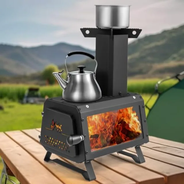 Portable Camping Wood Stove with 2 Cooking Positions Anti-Scalding Door Handle Glass Window Tabletop Fire Pit for Outdoor Cooki 6