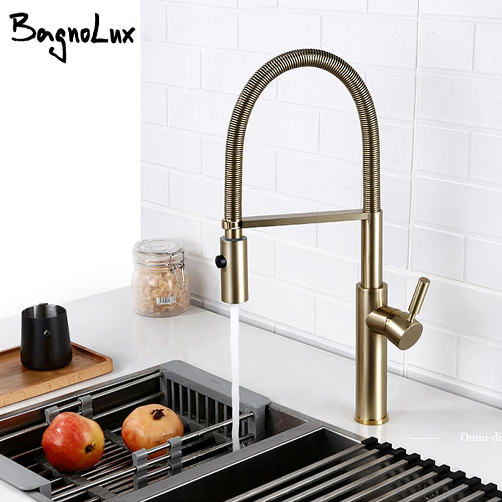 Brushed Gold ก๊อกน้ําห้องครัวทองเหลืองผสมสําหรับอ่างล้างจานเดี่ยวดึงฤดูใบไม้ผลิ Spout Tap น้ําร้อนน้ําเย็น 1036 1