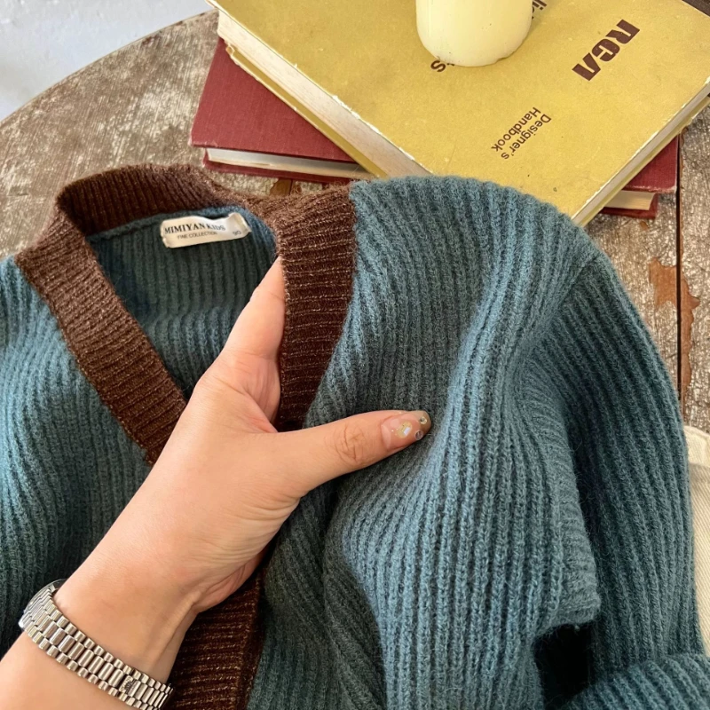 Children Sweater Boy Girl Contrast Knitted Cardigan Baby V-neck Sweater Coat Winter Baby Girl Cloth ملابس شتويه اطفال كنزة صوفية