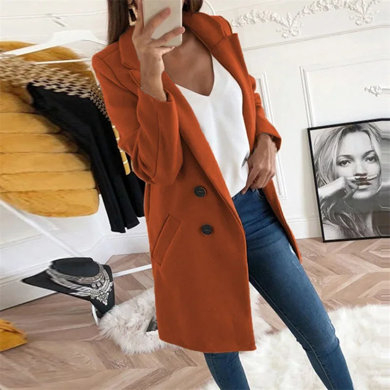 Women Vintage Slim Fit Tweed Coat Elegant Double-breasted Double Pocket Blazer Collar Trench Peacoat New Female Office Outerwear