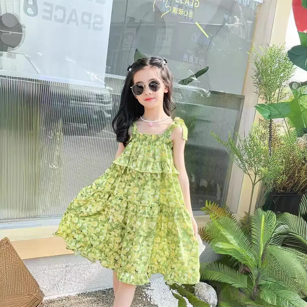 

K50706 2024 summer green flower pink red girls dress for teenage girls clothing for outwear 4 6 8 10 12 14Years