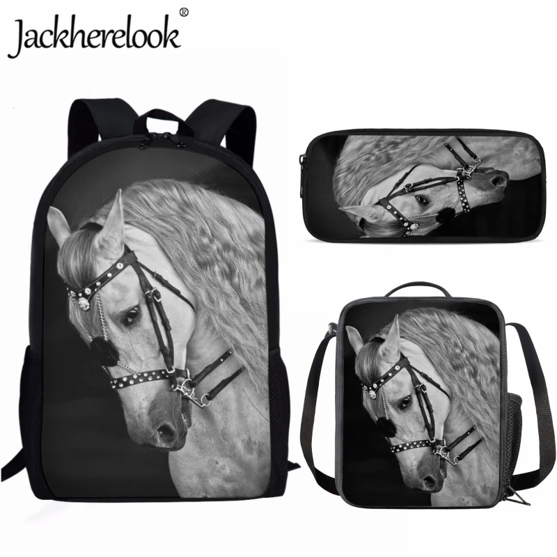 Jackherelook 17inch High Student School Bag 3pcs/set Crossbody Bags Pencil Case for Boys Girls 3D Horse Pattern School Backpacks
