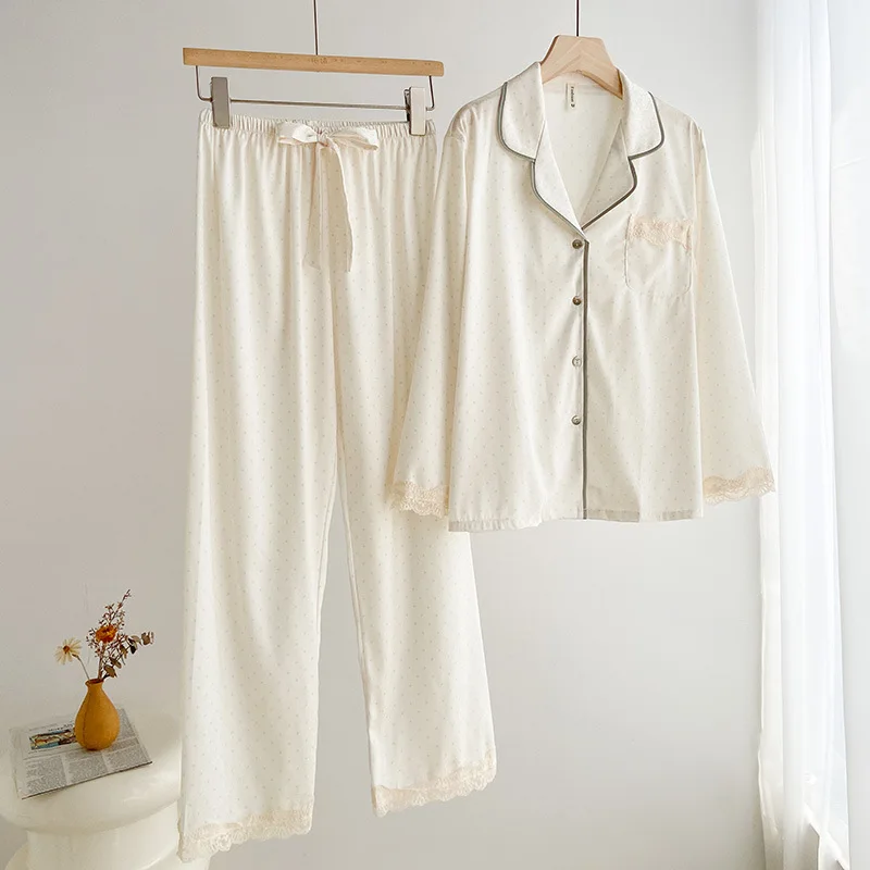 

Beige Print Dot Lace Trim Sleepwear Long Sleeve Trouser Pyjama Women 2PCS Pajamas Set Pour Femme Loose Silk Satin Home Clothes