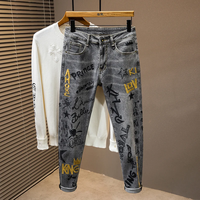 Tide MEN'S jeans light luxury high-end splicing patch slim straight heavy embroidery plump handsome cotton casual fashion pants