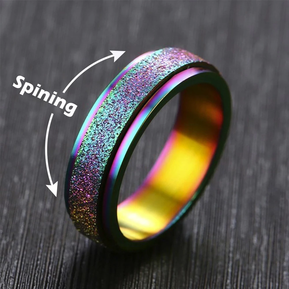 Rainbow Color Anxiety Rings For Women Men Stainless Steel Rotate