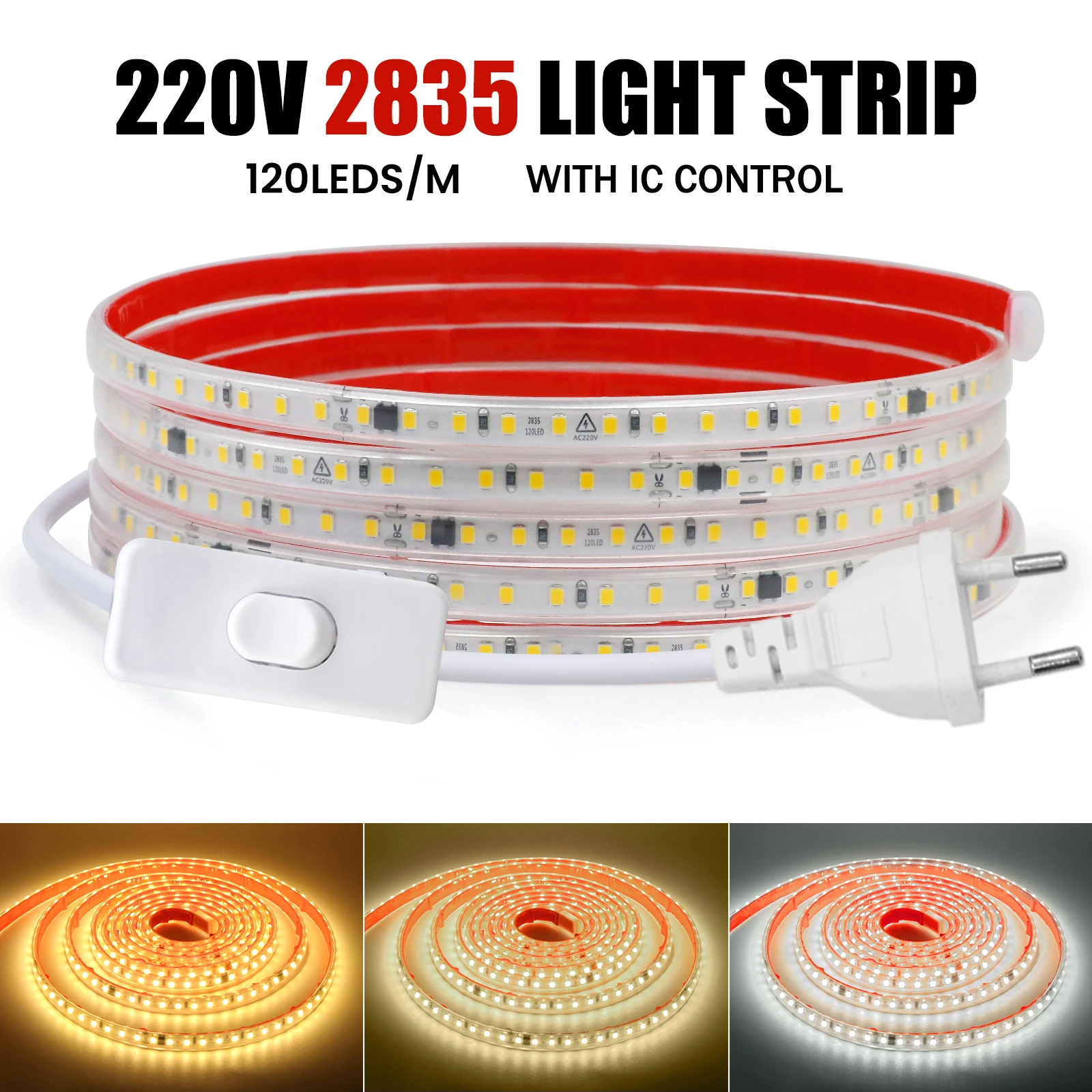 AC 220V LED Strip Light with IC 2835 120LEDs Flexible LED Tape with Adhesive Tape Waterproof Stripe Lamp for Home Decor 0.5-40m