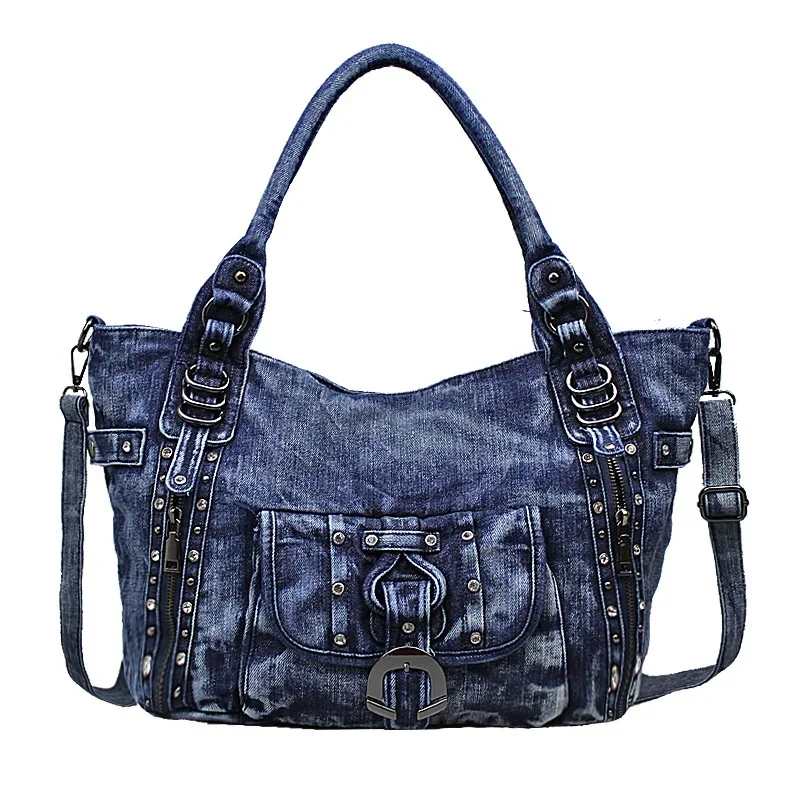 

New in Retro Washed Denim Women Shoulder Bag Jeans Purses and Handbag with Rivet Ring Dec Casual Tote Bag Hobo Bag