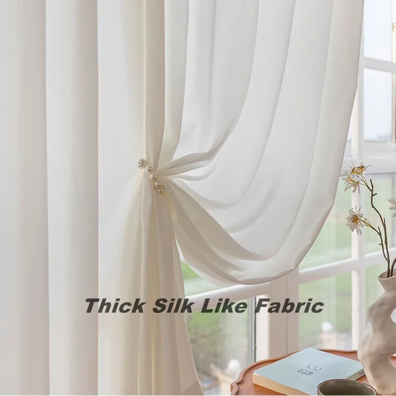 Velcro Thick Dense Soft Tulle Silk Like Sheer Curtains For Living Room Bedroom Window Voiles S Folds Kitchen Drapes Cream White sheer curtains,window curtains,decor curtains,light filtering curtains