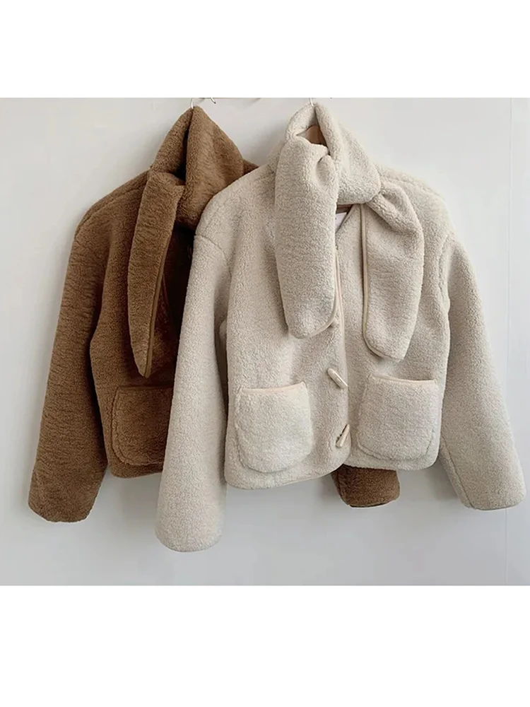 Women's Faux Fur Jacket Coat Parka Coat with Fur neckerchief Outwear Horn Button Korean Fashion Casual Loose Overcoat Winter