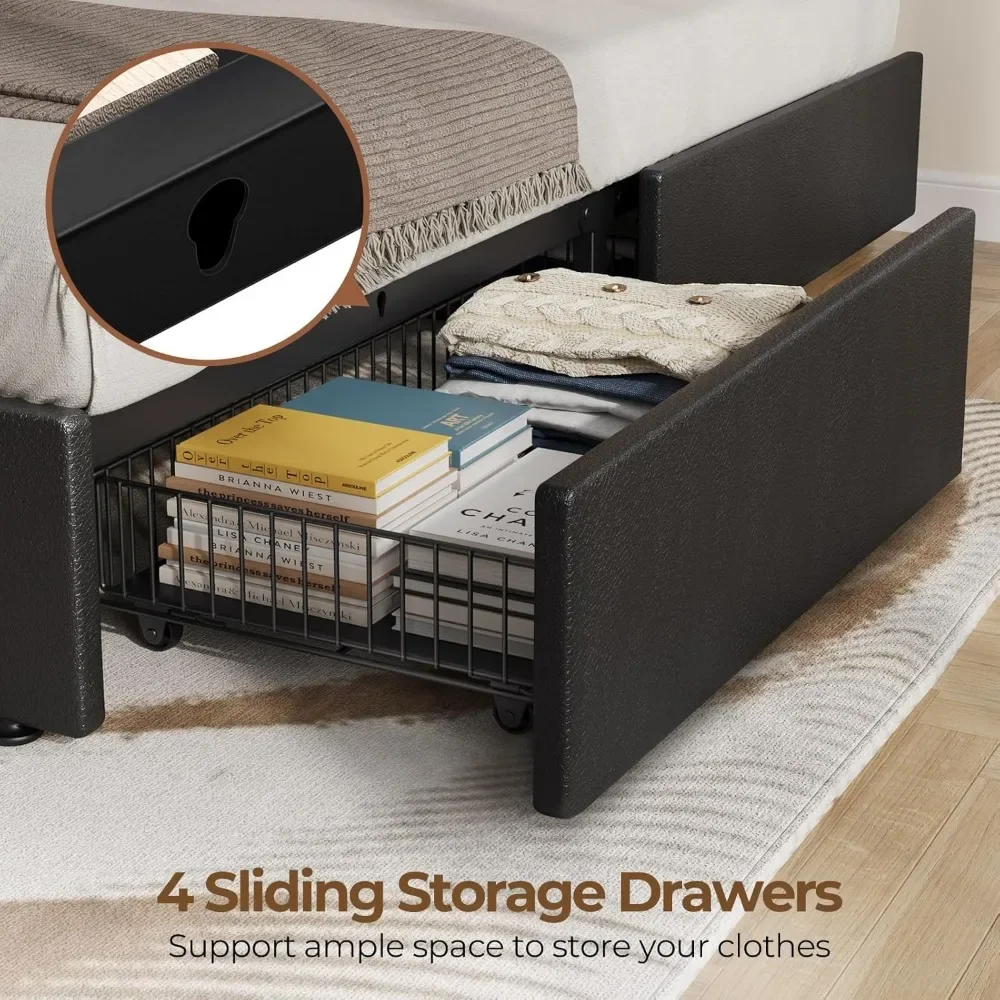 NEW-Rolanstar Full Size Bed Frame with LED Lights and USB Ports, Upholstered PU Leather Bed with Adjustable Headboard and 4 Stor