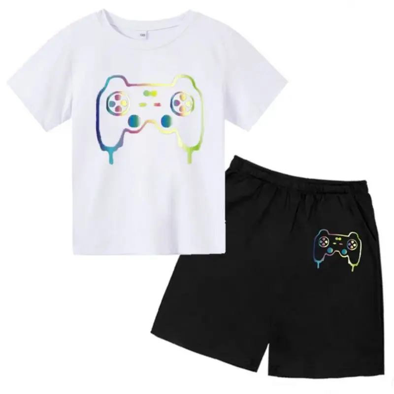 thumbnail image 1 of Conjunto de camiseta y pantalones cortos con estampado de máquina de juego de arte de grafiti para niños, moda de verano, informal, de manga corta, para niños y niñas, 1 of 5