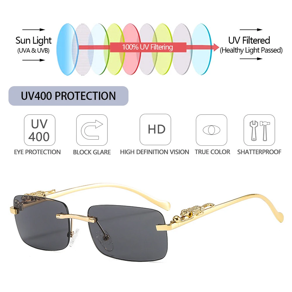 Randlose Quadratische Sonnenbrille für Damen und Herren Luxusmarken-Designer Beliebte Reise- und Fahrbrille mit Metallkopf im Leopardenmuster Sonnenschutz-Eyewear – Detail 7