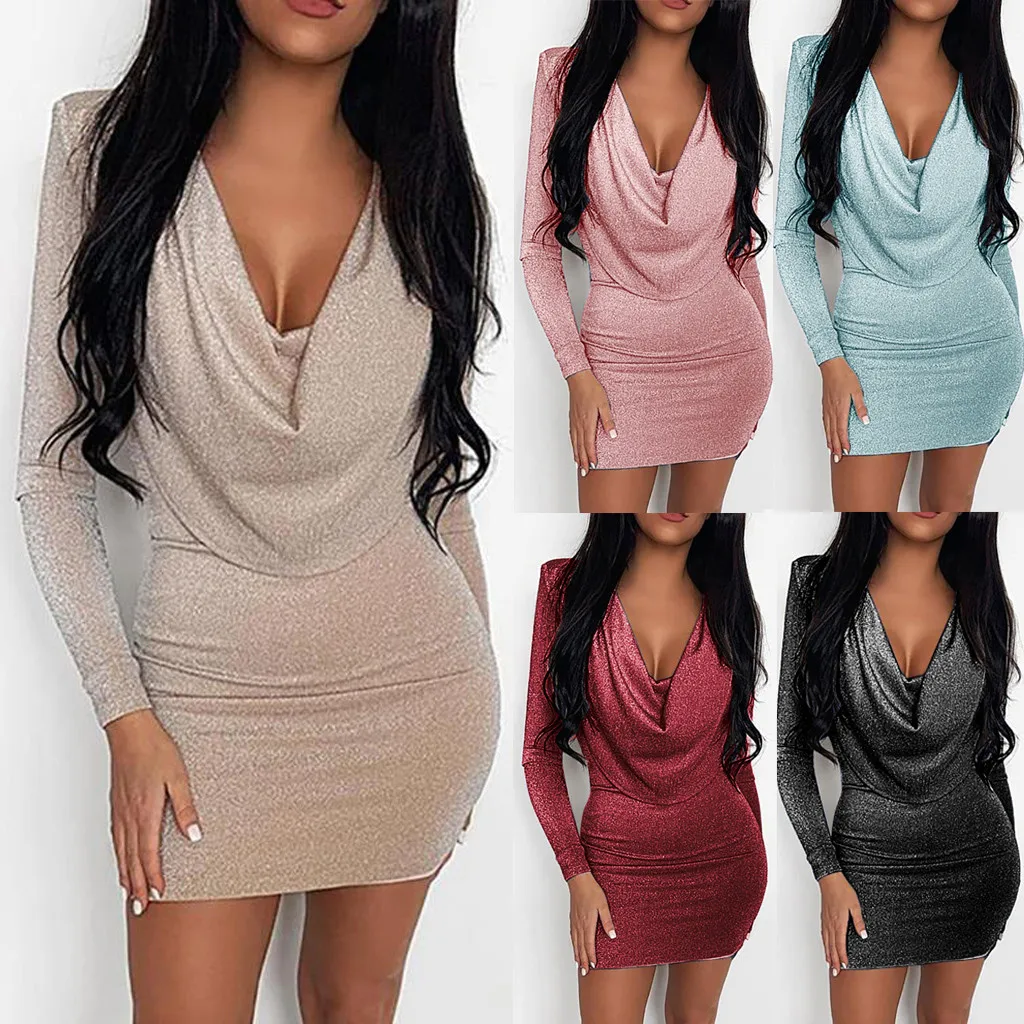

Sexy Fashion Sequin Mini Dresses Women Spring Summer Long Sleeve Sheath Dress Deep V-Neck Solid Ladies Dress Party Night